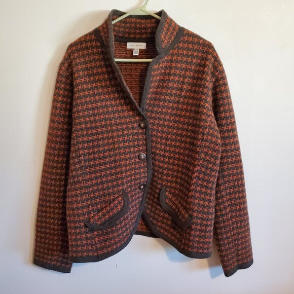David Brooks 100% Lamb Wool Orange Brown Houndstooth Cardigan XL - Picture 7 of 15